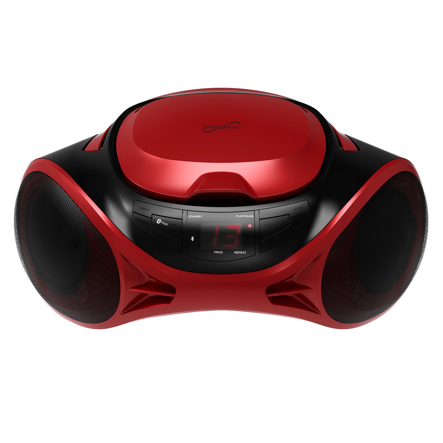 Supersonic 3-Watt-RMS Portable Bluetooth CD Music System with Built-in Speakers, CD Player, AM/FM Radio, and Aux, Dual Power, SC-726BT, Red