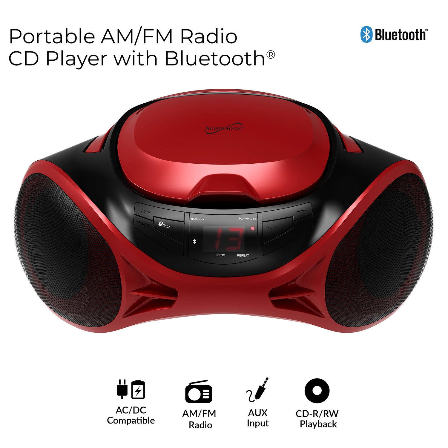 Supersonic 3-Watt-RMS Portable Bluetooth CD Music System with Built-in Speakers, CD Player, AM/FM Radio, and Aux, Dual Power, SC-726BT, Red