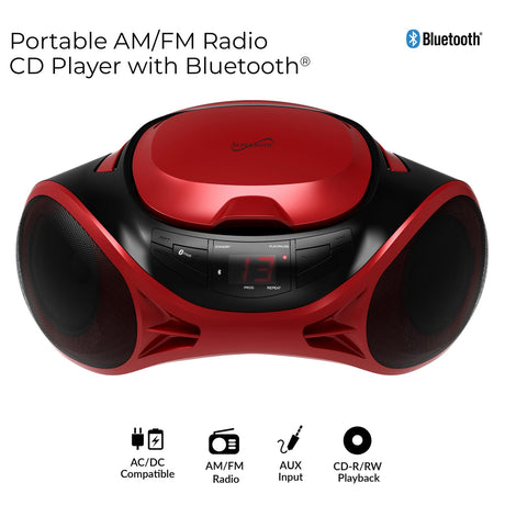 Supersonic 3-Watt-RMS Portable Bluetooth CD Music System with Built-in Speakers, CD Player, AM/FM Radio, and Aux, Dual Power, SC-726BT, Red