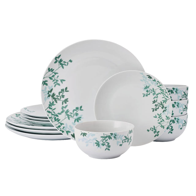 Studio Nova 12-Piece Porcelain Dinnerware Set, Gray Moonlit Leaves Pattern