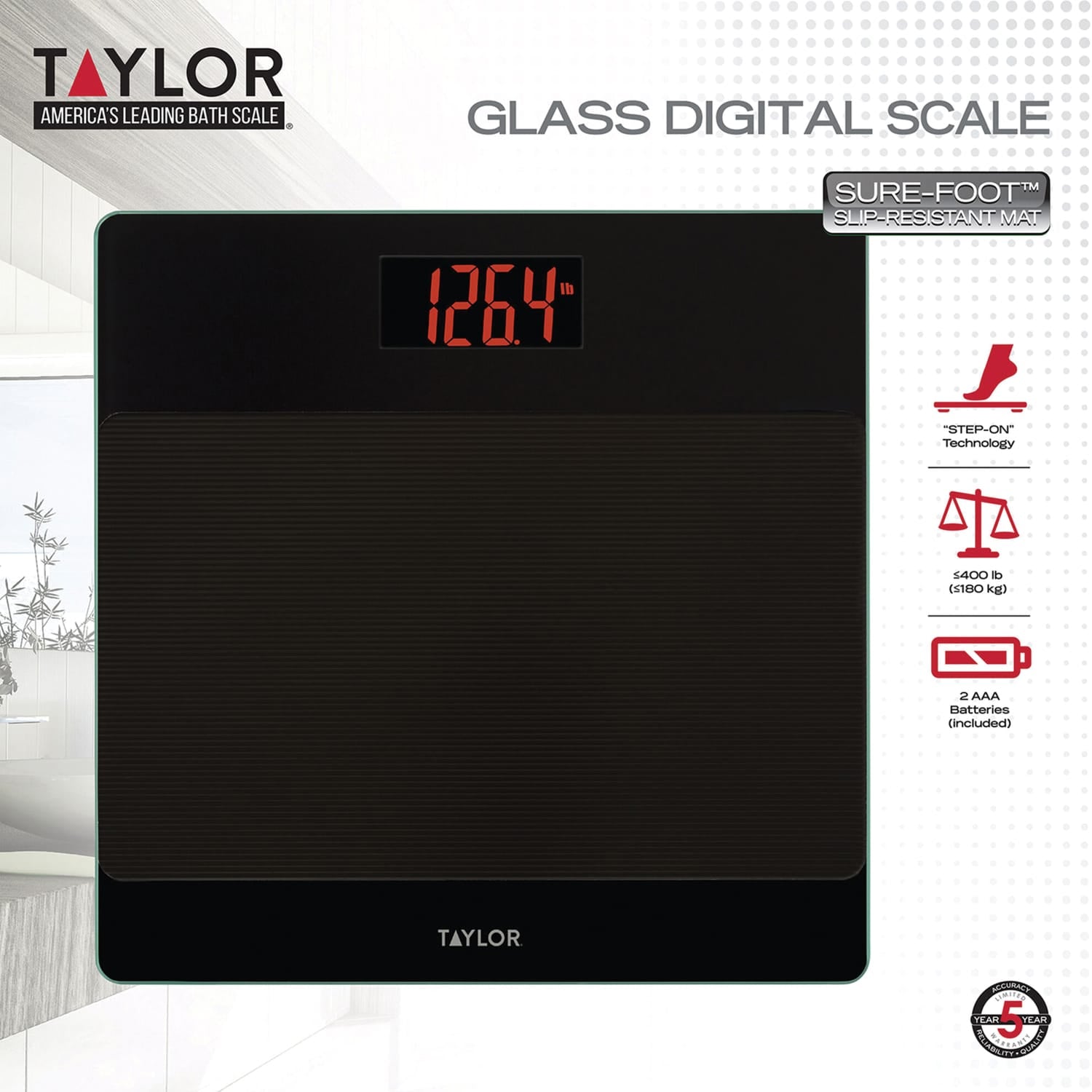Taylor Precision Products Digital Glass Nonslip-Platform Bathroom Scale, 400-Lb. Capacity