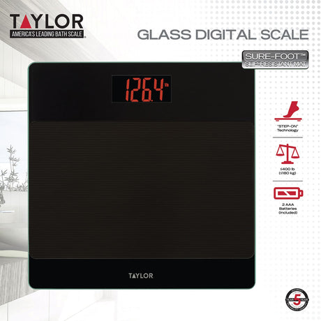 Taylor Precision Products Digital Glass Nonslip-Platform Bathroom Scale, 400-Lb. Capacity