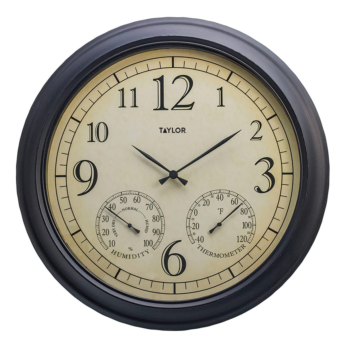 Taylor Precision Products 18.5-In. Bronze Analog Quartz Time/Temp/Hygrometer Outdoor Round Clock, Battery Operated, UV/Fade-Resistant, Metal