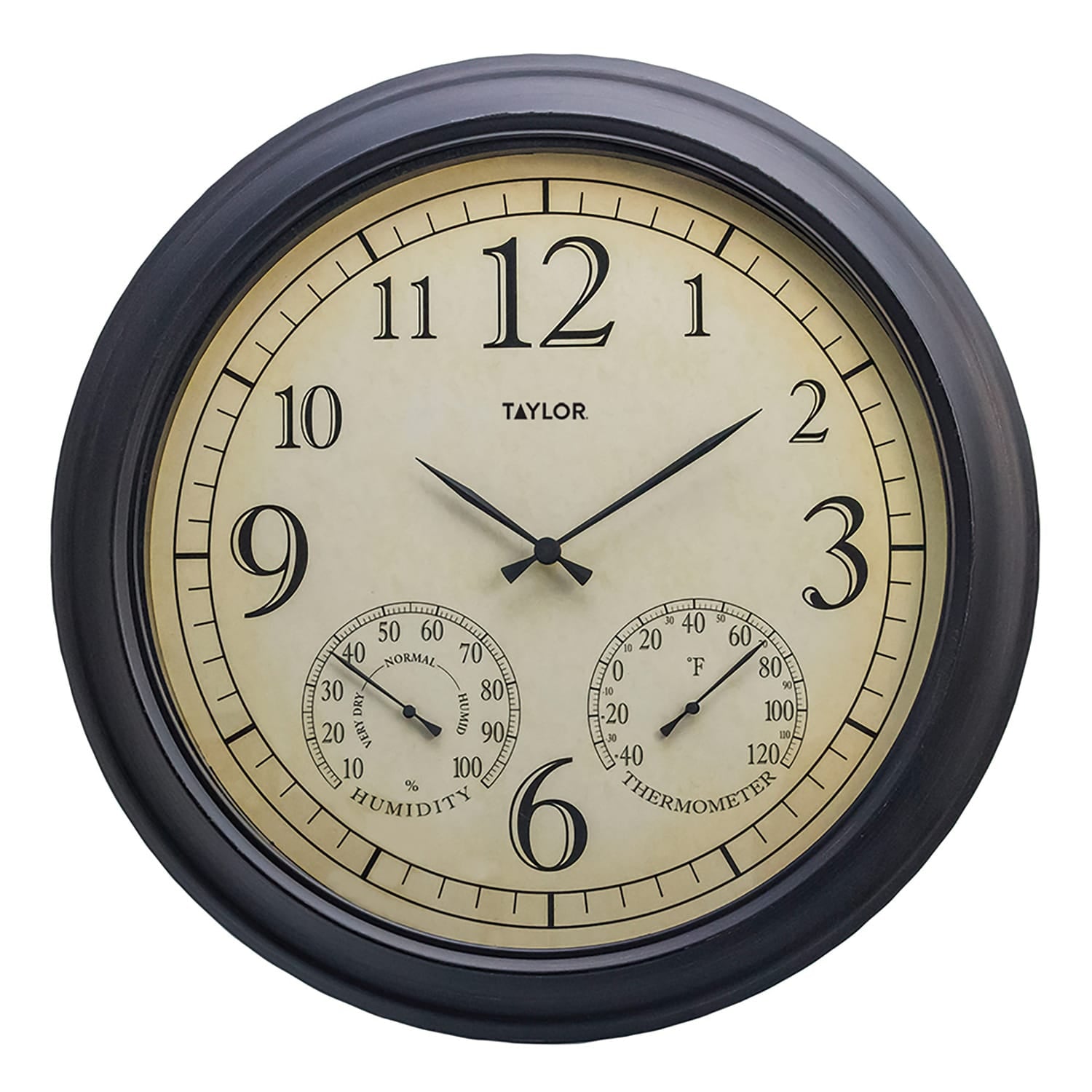 Taylor Precision Products 18.5-In. Bronze Analog Quartz Time/Temp/Hygrometer Outdoor Round Clock, Battery Operated, UV/Fade-Resistant, Metal
