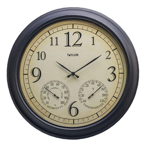 Taylor Precision Products 18.5-In. Bronze Analog Quartz Time/Temp/Hygrometer Outdoor Round Clock, Battery Operated, UV/Fade-Resistant, Metal