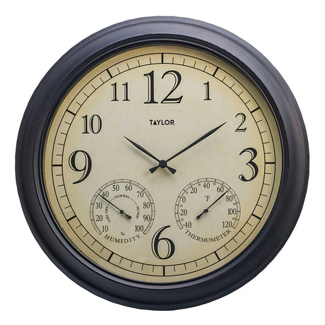 Taylor Precision Products 18.5-In. Bronze Analog Quartz Time/Temp/Hygrometer Outdoor Round Clock, Battery Operated, UV/Fade-Resistant, Metal
