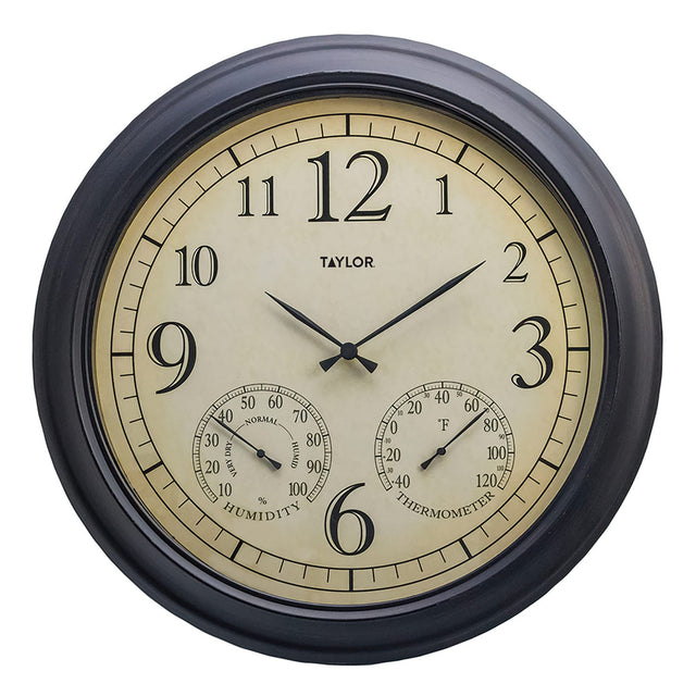 Taylor Precision Products 18.5-In. Bronze Analog Quartz Time/Temp/Hygrometer Outdoor Round Clock, Battery Operated, UV/Fade-Resistant, Metal