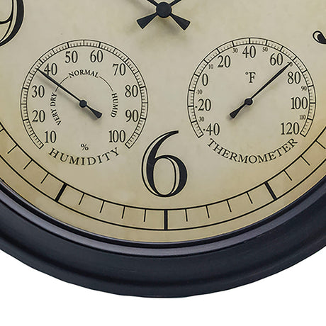 Taylor Precision Products 18.5-In. Bronze Analog Quartz Time/Temp/Hygrometer Outdoor Round Clock, Battery Operated, UV/Fade-Resistant, Metal