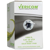 Vericom CAT-5E U/UTP Solid Riser CMR Cable, 1000 Ft., White