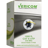 Vericom CAT-6 U/UTP Solid Riser CMR Cable, 1000 Ft., Yellow