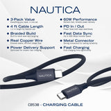 Nautica USB-C to USB-C Charge and Sync Turan 60-Watt Fast Charge Cable, 4 Ft, 3 Pack, CB530, Navy