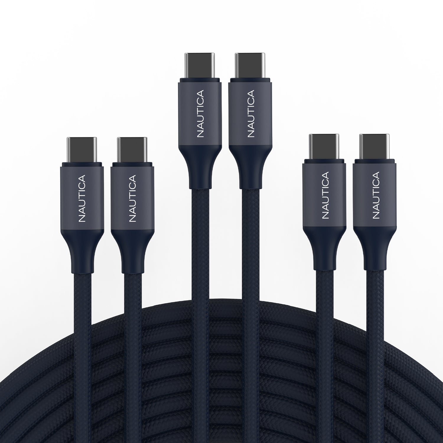Nautica USB-C to USB-C Charge and Sync Turan 60-Watt Fast Charge Cable, 4 Ft, 3 Pack, CB530, Navy