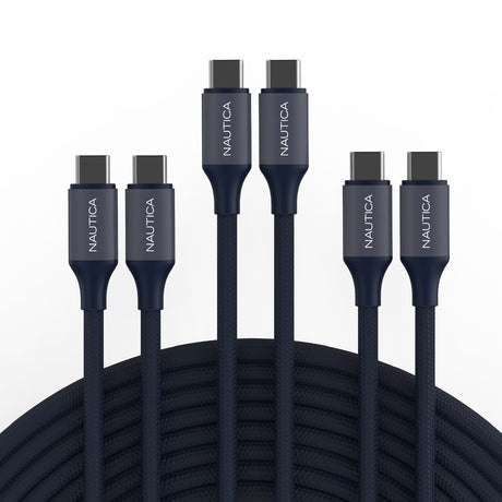 Nautica USB-C to USB-C Charge and Sync Turan 60-Watt Fast Charge Cable, 4 Ft, 3 Pack, CB530, Navy