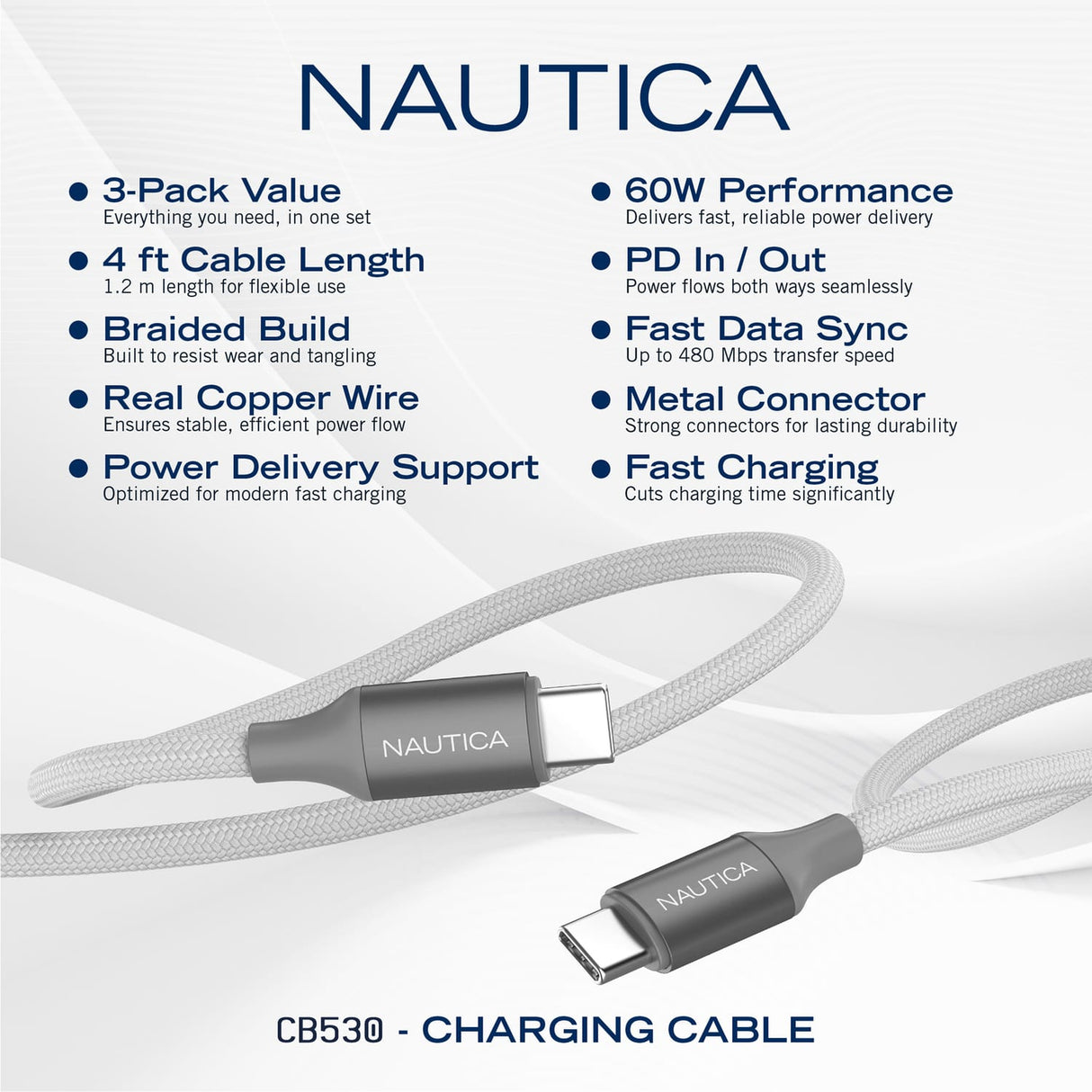 Nautica USB-C to USB-C Charge and Sync Turan 60-Watt Fast Charge Cable, 4 Ft, 3 Pack, CB530, White