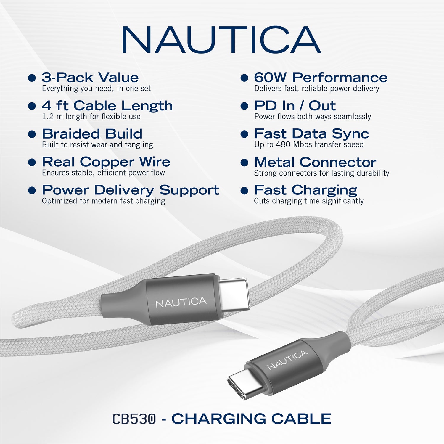 Nautica USB-C to USB-C Charge and Sync Turan 60-Watt Fast Charge Cable, 4 Ft, 3 Pack, CB530, White