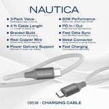 Nautica USB-C to USB-C Charge and Sync Turan 60-Watt Fast Charge Cable, 4 Ft, 3 Pack, CB530, White