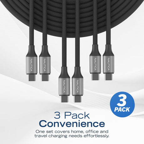 Nautica USB-C to USB-C Charge and Sync Turan 60-Watt Fast Charge Cable, 4 Ft, 3 Pack, CB530, Black