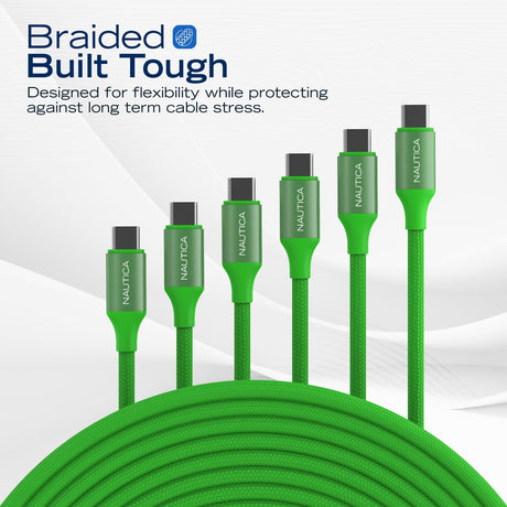 Nautica USB-C to USB-C Charge and Sync Turan 60-Watt Fast Charge Cable, 4 Ft, 3 Pack, CB530, Green