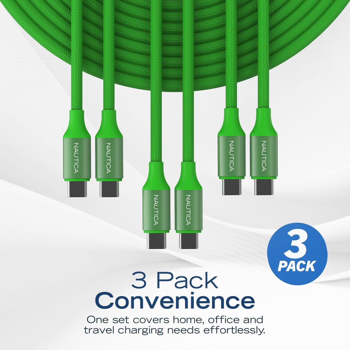 Nautica USB-C to USB-C Charge and Sync Turan 60-Watt Fast Charge Cable, 4 Ft, 3 Pack, CB530, Green