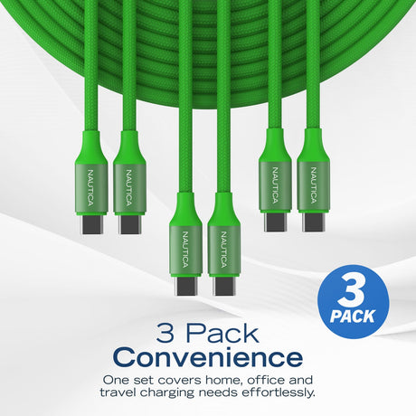 Nautica USB-C to USB-C Charge and Sync Turan 60-Watt Fast Charge Cable, 4 Ft, 3 Pack, CB530, Green