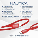 Nautica USB-C to USB-C Charge and Sync Turan 60-Watt Fast Charge Cable, 4 Ft, 3 Pack, CB530, Red