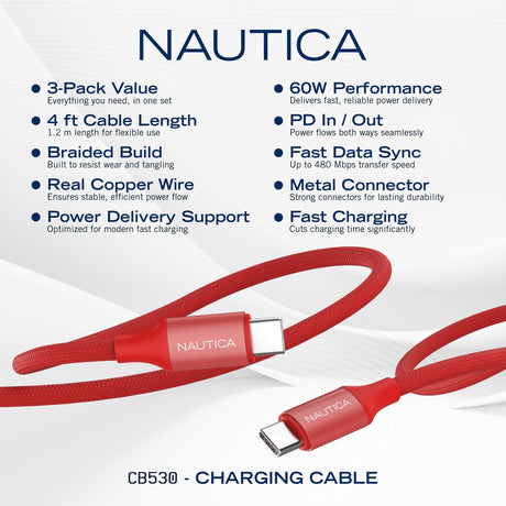 Nautica USB-C to USB-C Charge and Sync Turan 60-Watt Fast Charge Cable, 4 Ft, 3 Pack, CB530, Red