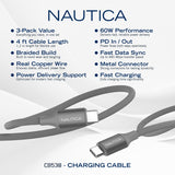 Nautica USB-C to USB-C Charge and Sync Turan 60-Watt Fast Charge Cable, 4 Ft, 3 Pack, CB530, Gray