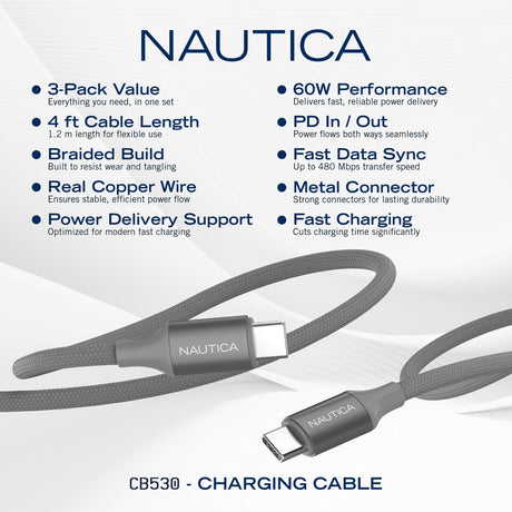 Nautica USB-C to USB-C Charge and Sync Turan 60-Watt Fast Charge Cable, 4 Ft, 3 Pack, CB530, Gray