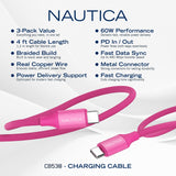 Nautica USB-C to USB-C Charge and Sync Turan 60-Watt Fast Charge Cable, 4 Ft, 3 Pack, CB530, Pink