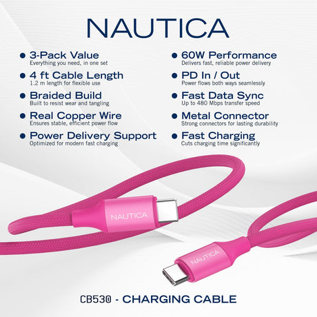 Nautica USB-C to USB-C Charge and Sync Turan 60-Watt Fast Charge Cable, 4 Ft, 3 Pack, CB530, Pink