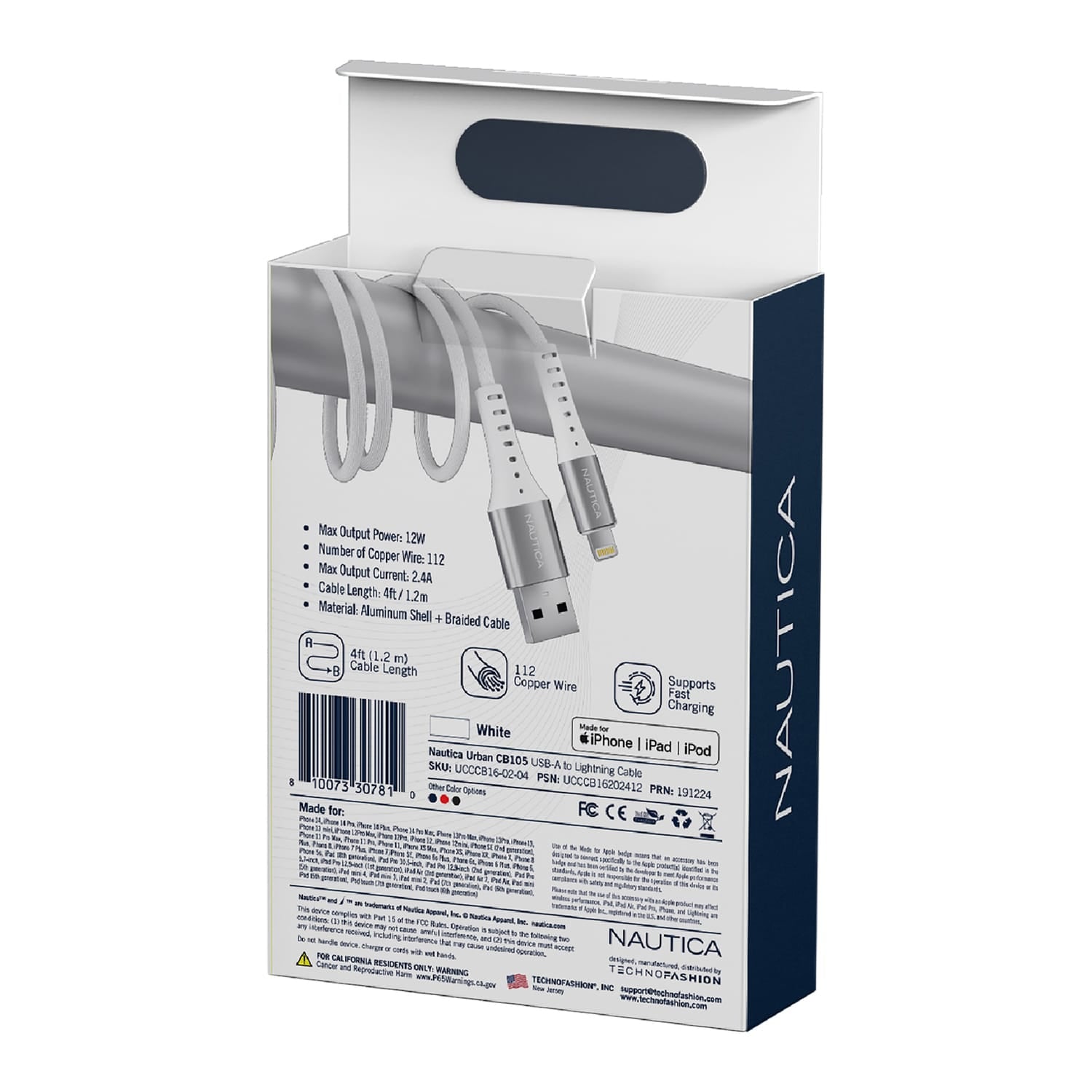 Nautica 4-Ft. 12-Watt USB-A to Lightning Cable, MFi Certified, Urban CB105, White