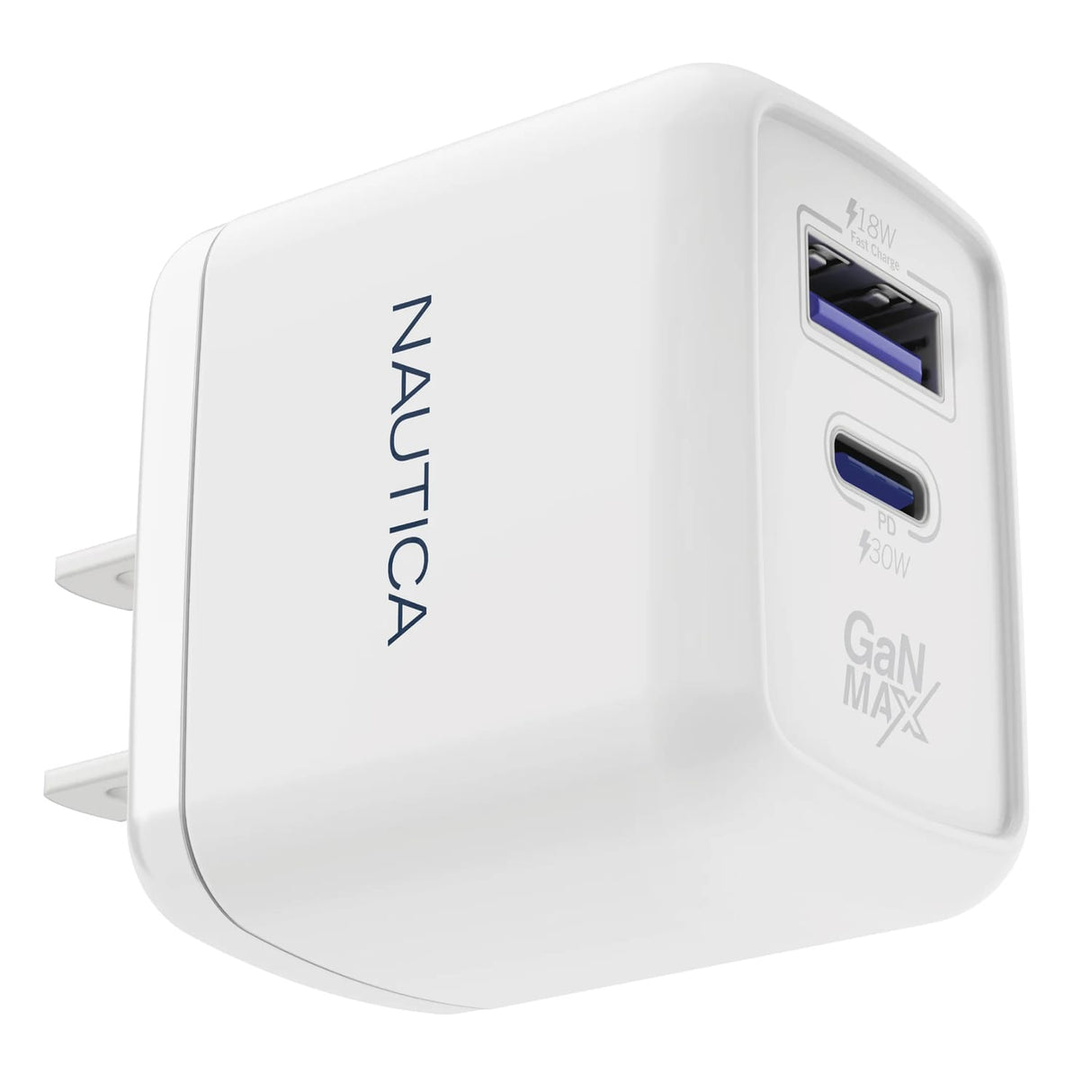 Nautica 2-USB Port Wall Charger with 30-Watt PD USB-C and USB-A QC3.0, CH130, White