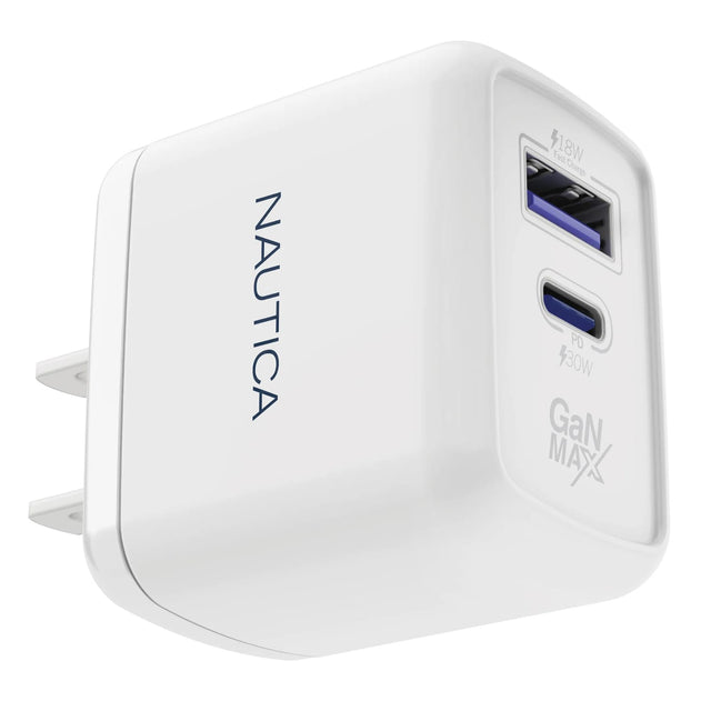 Nautica 2-USB Port Wall Charger with 30-Watt PD USB-C and USB-A QC3.0, CH130, White