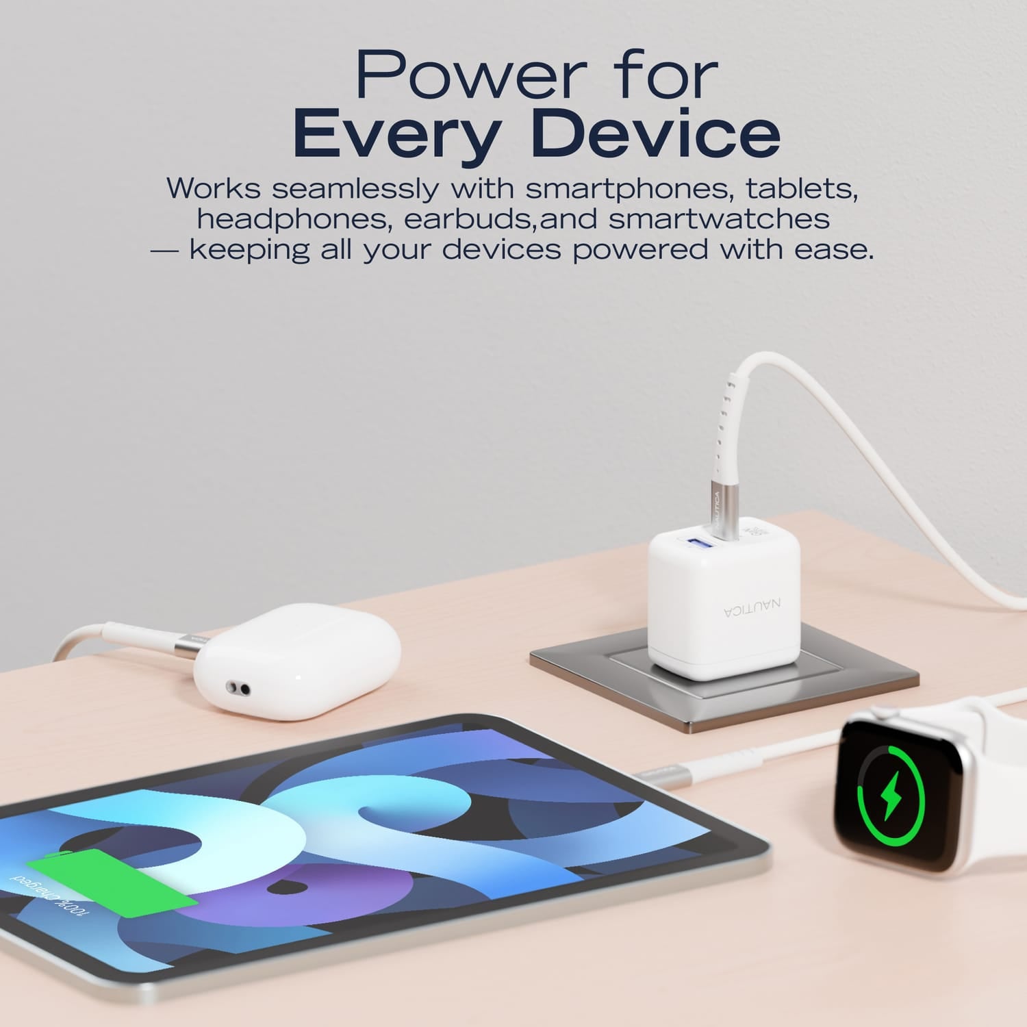 Nautica 2-USB Port Wall Charger with 30-Watt PD USB-C and USB-A QC3.0, CH130, White