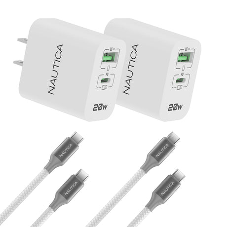 Nautica Two 20-Watt Dual-Port Turan Core 20 Charging Bundle, with 2 USB-C to USB-C Cables