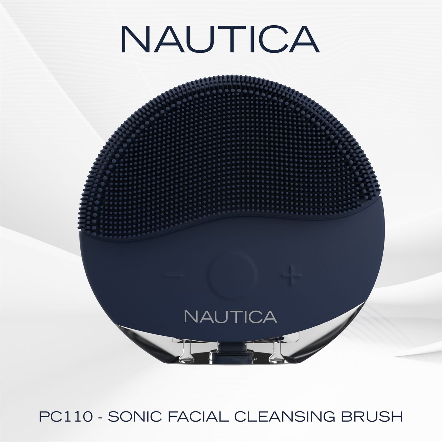 Nautica Compact Waterproof Sonic Dual-Sided Silicone Facial Cleansing Pad, with 12 Vibration Modes and LED Indicator, Rechargeable, Deep Cleanse, Navy