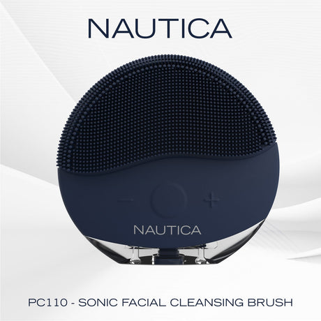 Nautica Compact Waterproof Sonic Dual-Sided Silicone Facial Cleansing Pad, with 12 Vibration Modes and LED Indicator, Rechargeable, Deep Cleanse, Navy