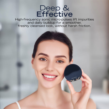 Nautica Compact Waterproof Sonic Dual-Sided Silicone Facial Cleansing Pad, with 12 Vibration Modes and LED Indicator, Rechargeable, Deep Cleanse, Navy