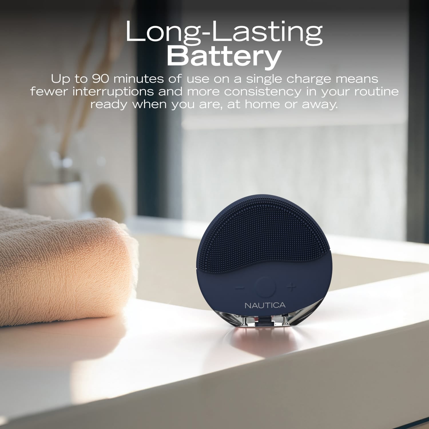 Nautica Compact Waterproof Sonic Dual-Sided Silicone Facial Cleansing Pad, with 12 Vibration Modes and LED Indicator, Rechargeable, Deep Cleanse, Navy