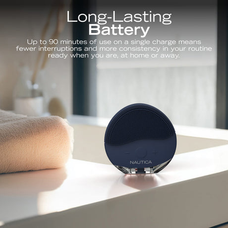 Nautica Compact Waterproof Sonic Dual-Sided Silicone Facial Cleansing Pad, with 12 Vibration Modes and LED Indicator, Rechargeable, Deep Cleanse, Navy
