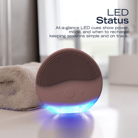 Nautica Compact Waterproof Sonic Dual-Sided Silicone Facial Cleansing Pad, w/ 12 Vibration Modes and LED Indicator, Rechargeable, Deep Cleanse, Powder
