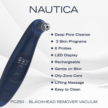 Nautica Compact Blackhead-Remover Vacuum with 6 Adjustable Heads and LED Display, 3 Suction Levels, Rechargable, up to 1-Hour Battery Life, Navy