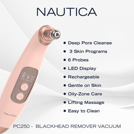 Nautica Compact Blackhead-Remover Vacuum with 6 Adjustable Heads and LED Display, 3 Suction Levels, Rechargable, up to 1-Hour Battery Life, Nude