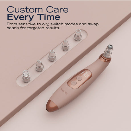 Nautica Compact Blackhead-Remover Vacuum with 6 Adjustable Heads and LED Display, 3 Suction Levels, Rechargable, up to 1-Hour Battery Life, Nude