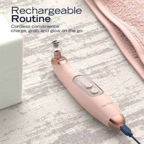 Nautica Compact Blackhead-Remover Vacuum with 6 Adjustable Heads and LED Display, 3 Suction Levels, Rechargable, up to 1-Hour Battery Life, Nude