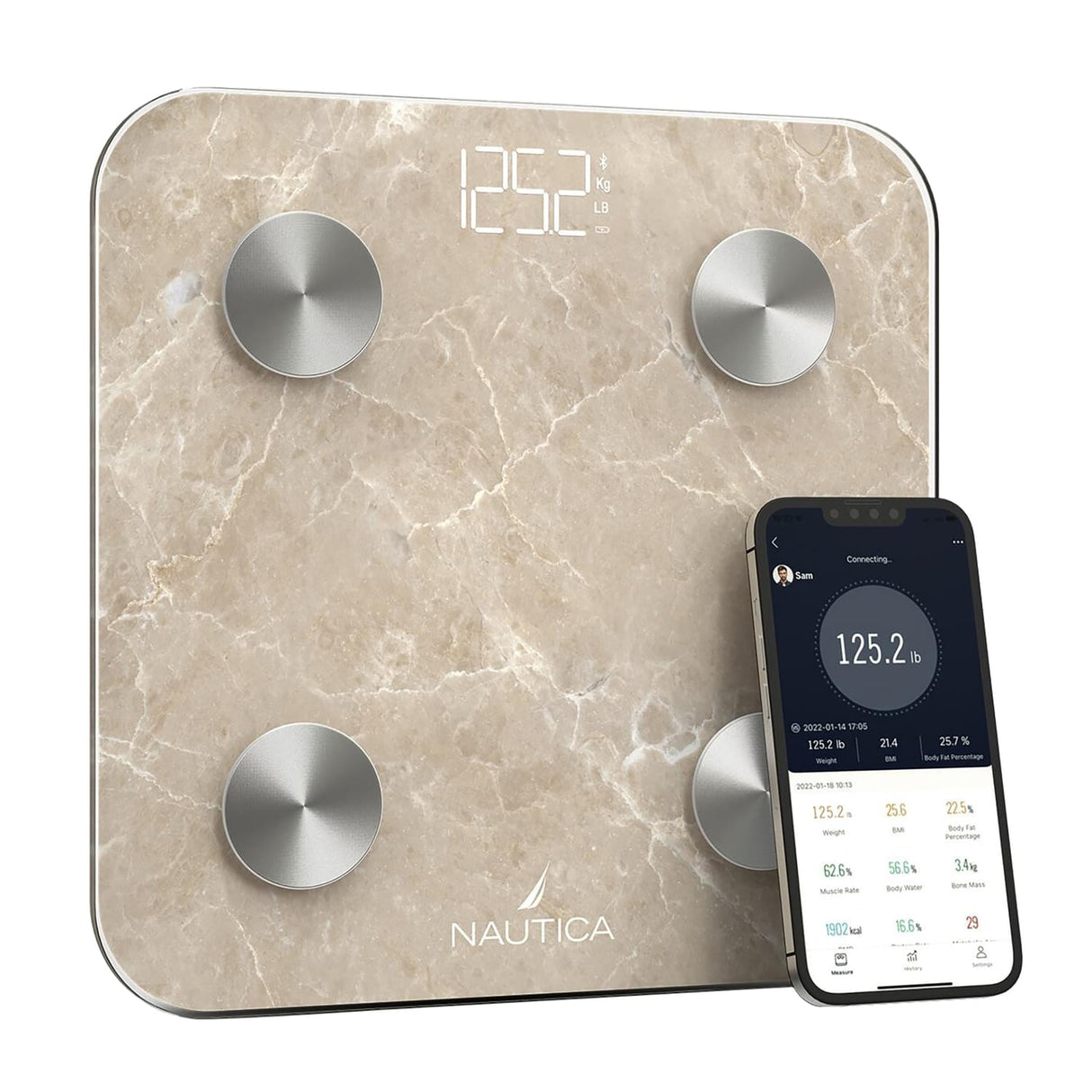 Nautica 396-Lb. Capacity Smart Digital Bathroom Scale with Bluetooth, LED Display, Body Tracker App, Body Composition, BMI, Muscle Mass, Quartz Stone
