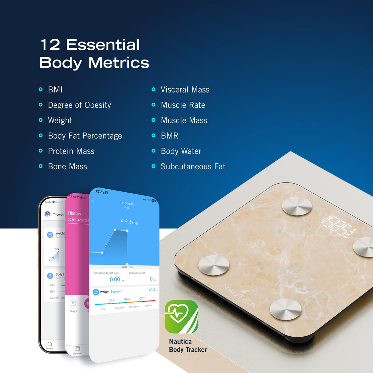 Nautica 396-Lb. Capacity Smart Digital Bathroom Scale with Bluetooth, LED Display, Body Tracker App, Body Composition, BMI, Muscle Mass, Quartz Stone