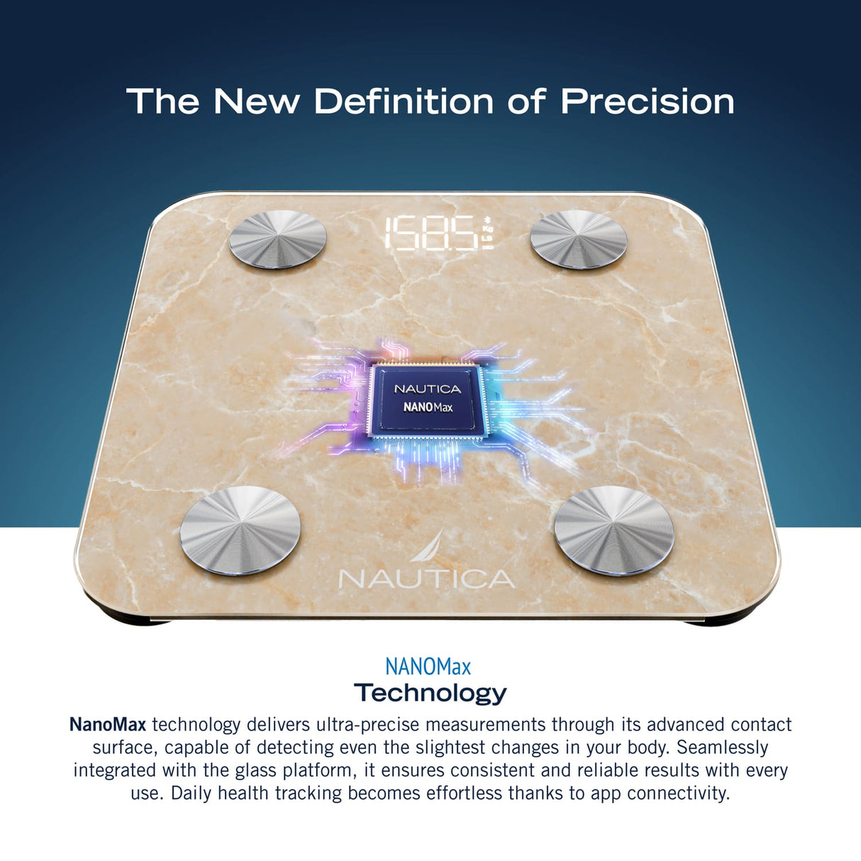 Nautica 396-Lb. Capacity Smart Digital Bathroom Scale with Bluetooth, LED Display, Body Tracker App, Body Composition, BMI, Muscle Mass, Quartz Stone