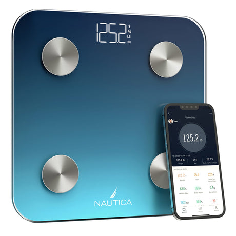 Nautica 396-Lb. Capacity Smart Digital Bathroom Scale with Bluetooth, LED Display, Body Tracker App, Body Composition, BMI, Muscle Mass, Navy Blue