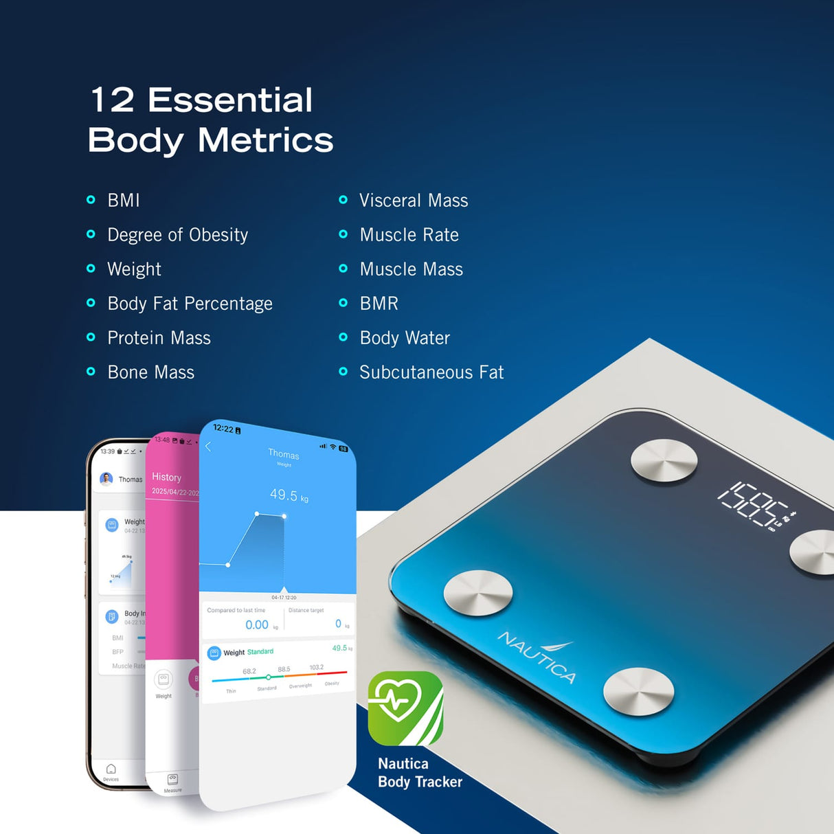 Nautica 396-Lb. Capacity Smart Digital Bathroom Scale with Bluetooth, LED Display, Body Tracker App, Body Composition, BMI, Muscle Mass, Navy Blue